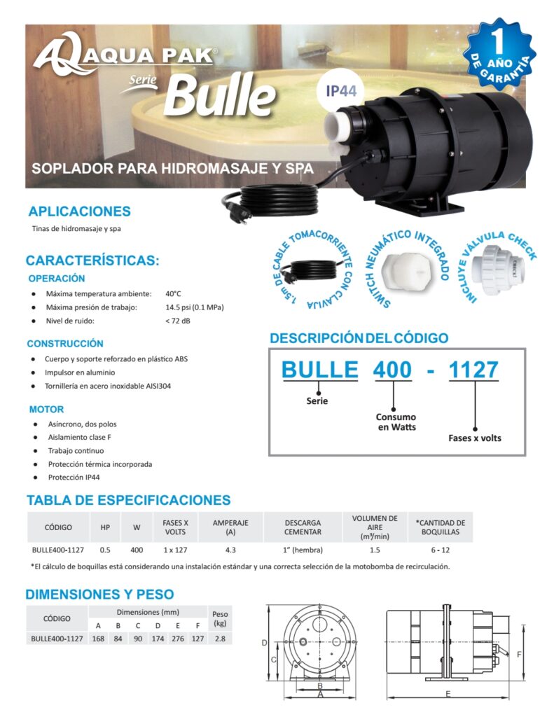 Blower Soplador Para Hidromasaje Hp F V Aqua Pak Serie Bulle Defa Hidroequipos