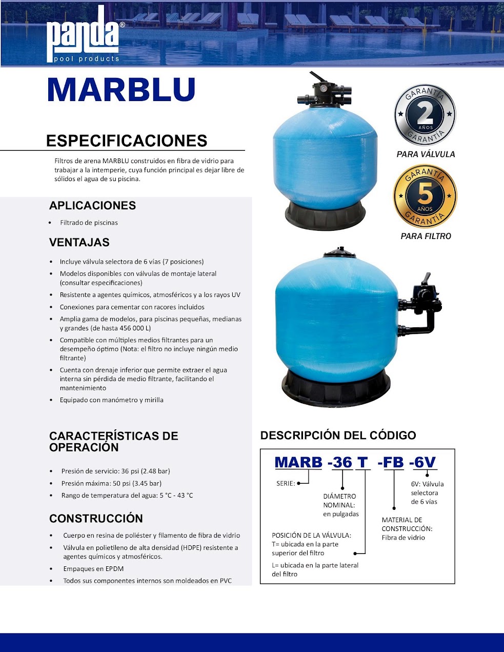 Filtro de arena para piscina en fibra de vidrio Panda MARB-25T-FB-6V 25" - Imagen 3