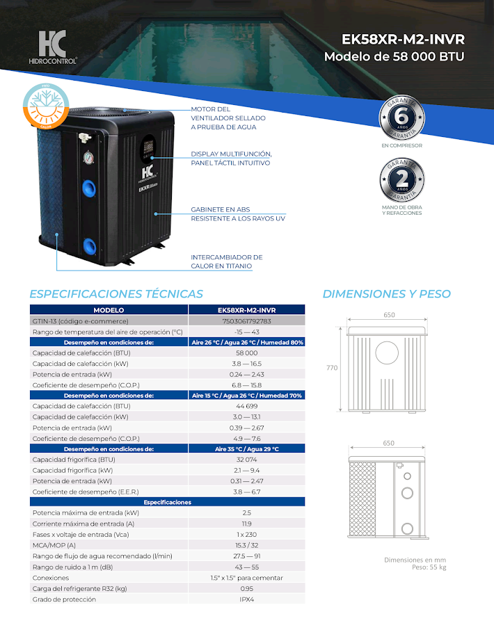 Bomba de calor inteligente Hidrocontrol EK58XR-M2-INVR 58,000 BTU 1f 230v - Imagen 4