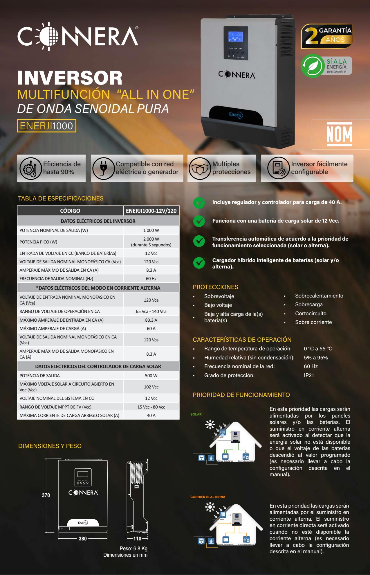 Inversor multifuncion Connera ENERJI1000-12V/120 1,000w 120 vca - Imagen 2