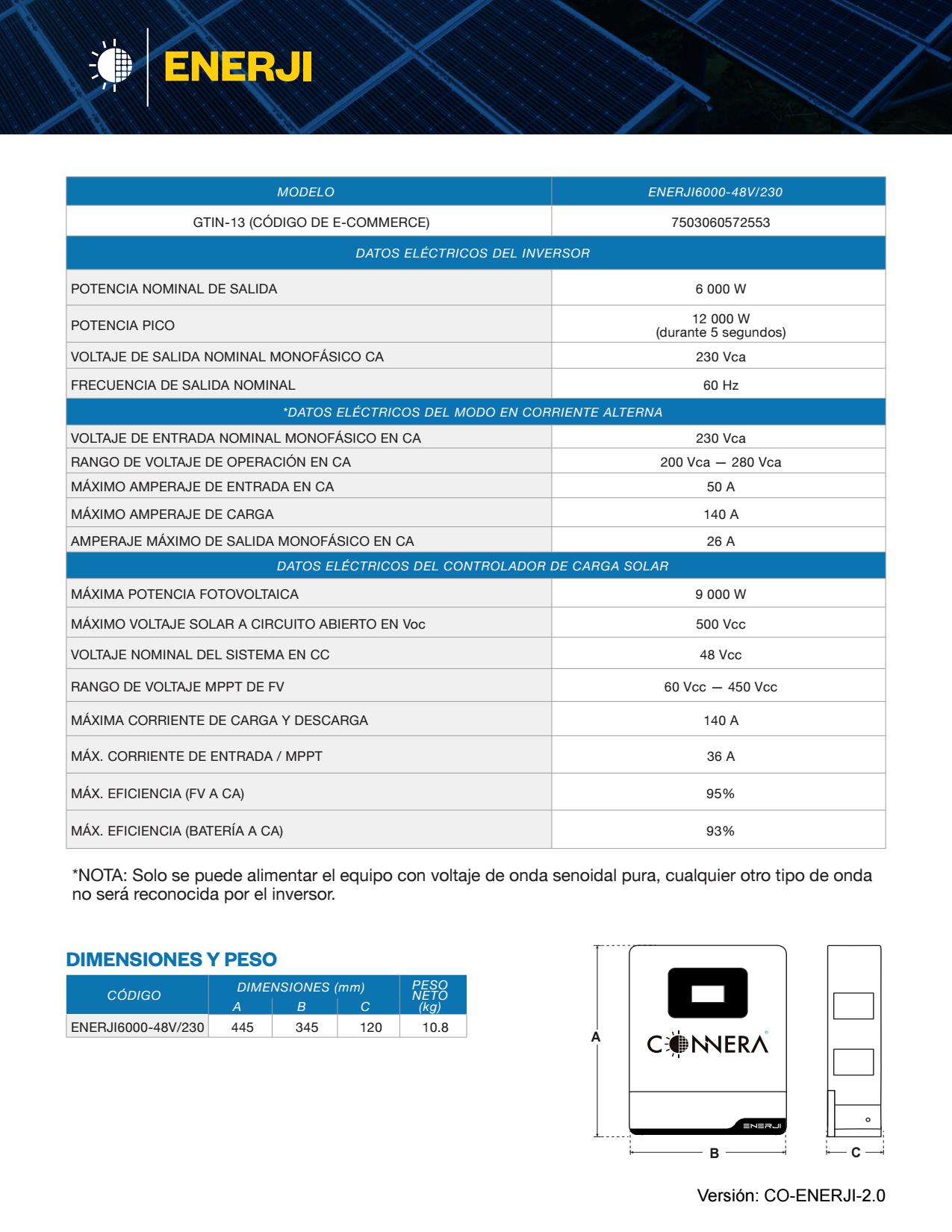 Inversor multifuncion Connera ENERJI6000-48V/230 6,000w 230 vca - Imagen 4
