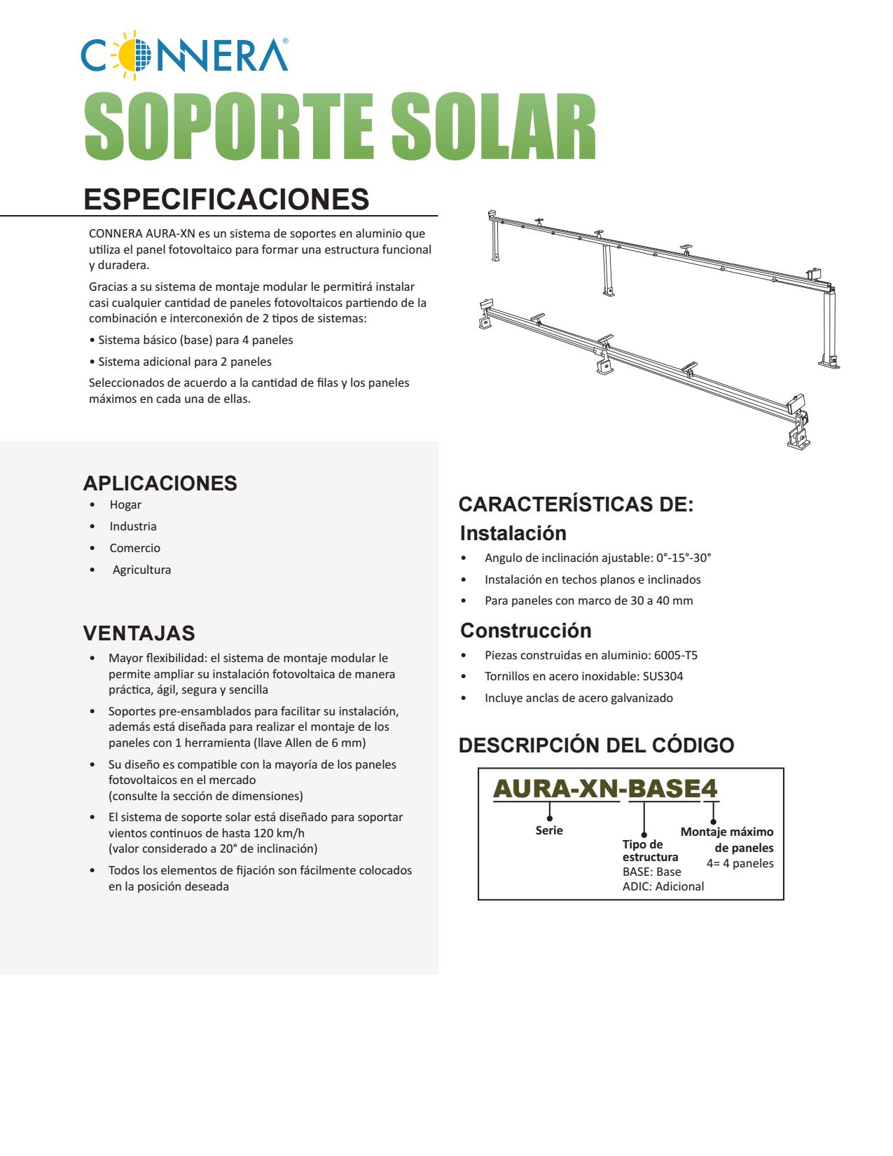 Soporte solar base en aluminio para 4 paneles Connera AURA-XN-BASE4 - Imagen 2