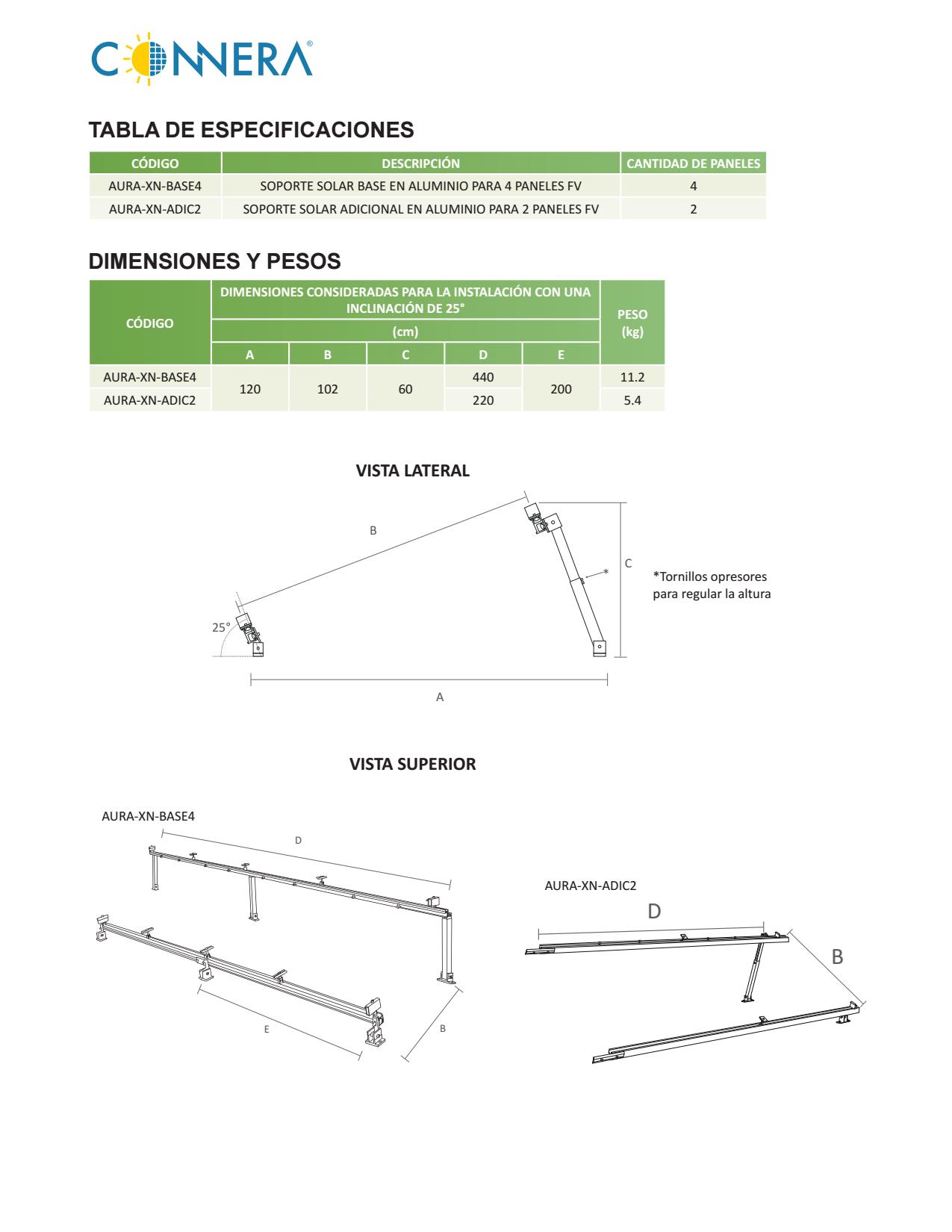 Soporte solar base en aluminio para 4 paneles Connera AURA-XN-BASE4 - Imagen 3