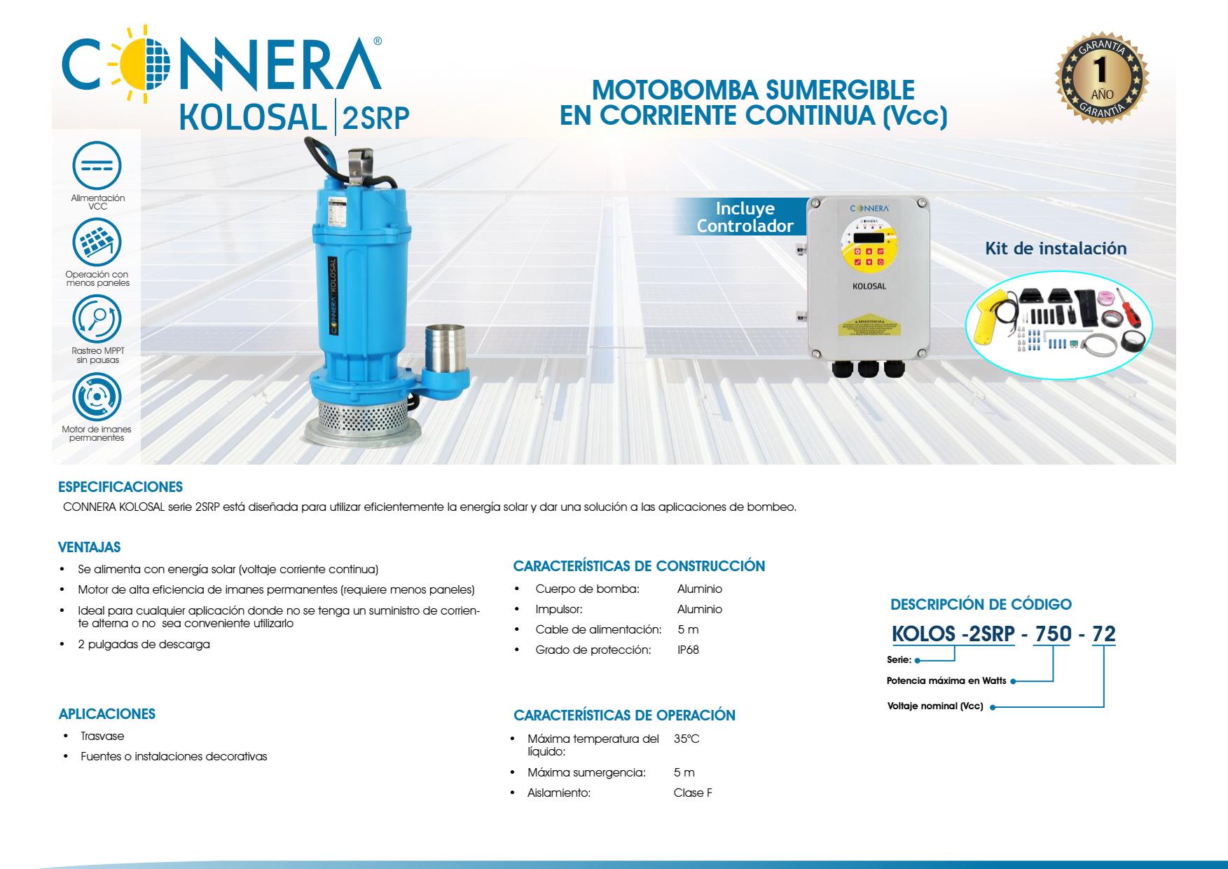 Bomba sumergible solar Connera KOLOS-2SRP-750-72 750w - Imagen 2