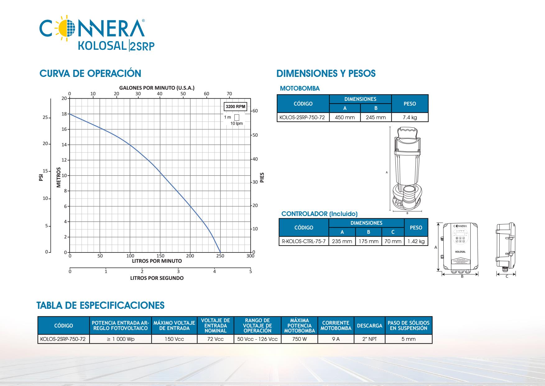 Bomba sumergible solar Connera KOLOS-2SRP-750-72 750w - Imagen 3
